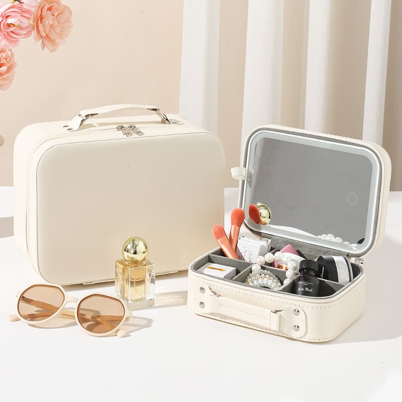 New LED makeup case with partitions, portable large-capacity beauty tool storage box, customizable pattern