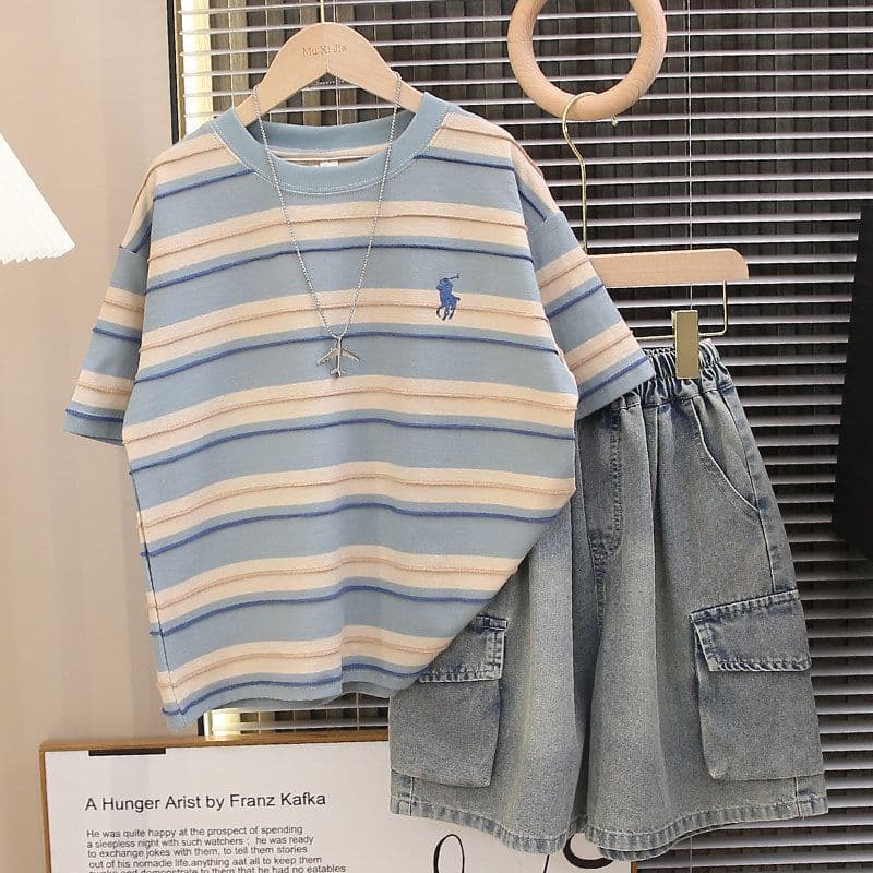 Boys Summer Short Sleeve T-Shirt Set 2026 New Kids Summer Striped T Two-Piece Set Boy Summer Fashion Trendy