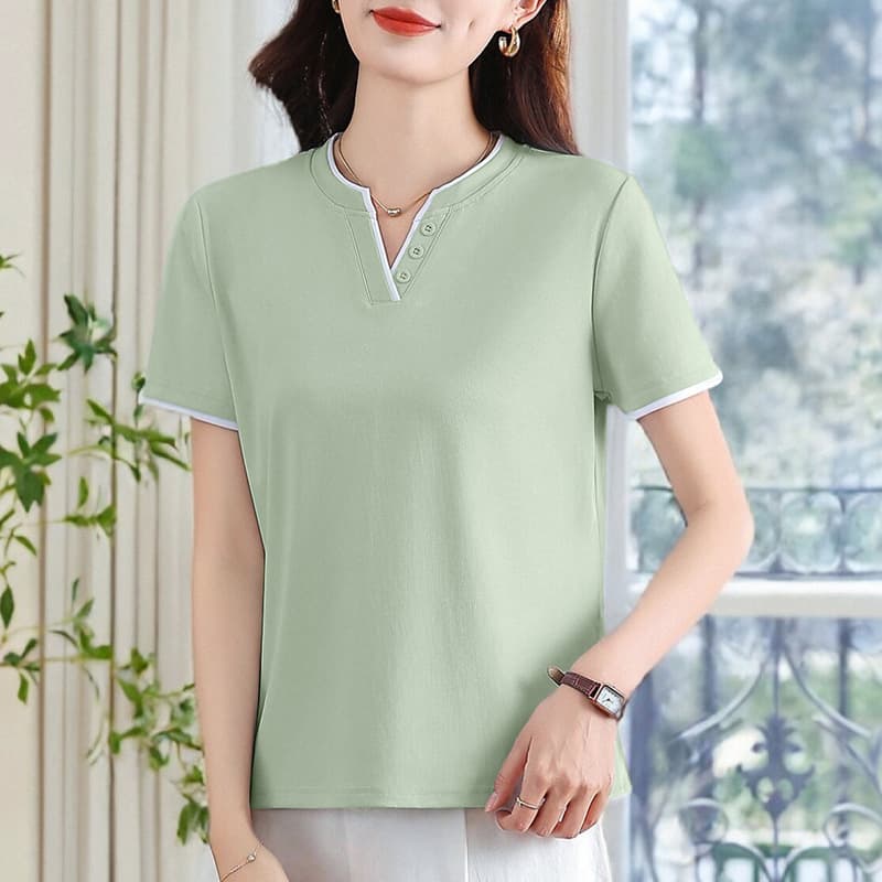 V-Neck Regular Shoulder Short-Sleeve T-Shirt for Women 2026 New Summer Popular Women's Slim-Fit Age-Defying Top Half-Sleeve T-Shirt