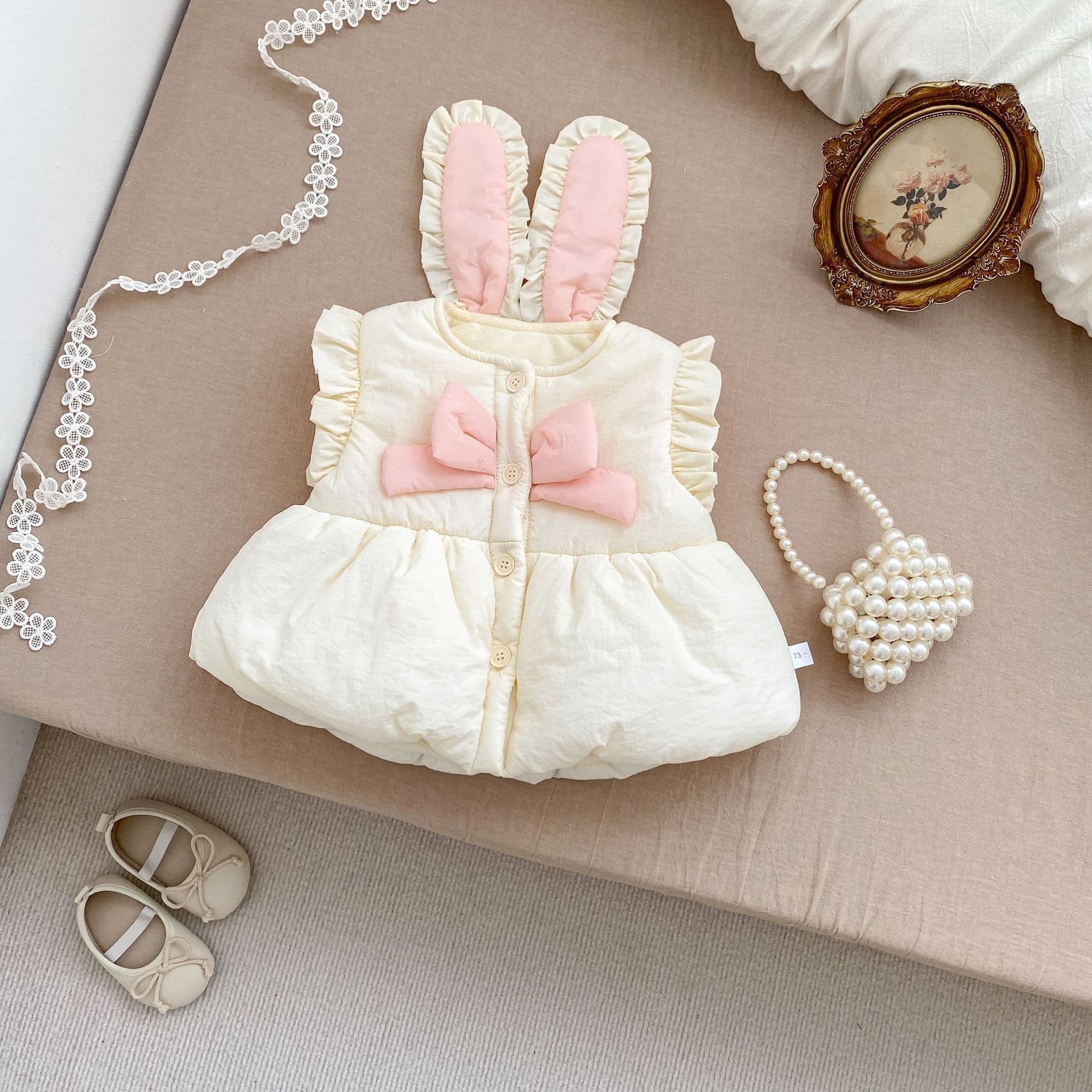 Baby Girl Fall Outerwear Vest Cute Rabbit Ear Butterfly Puffy Cardigan Stylish Quilted Vest