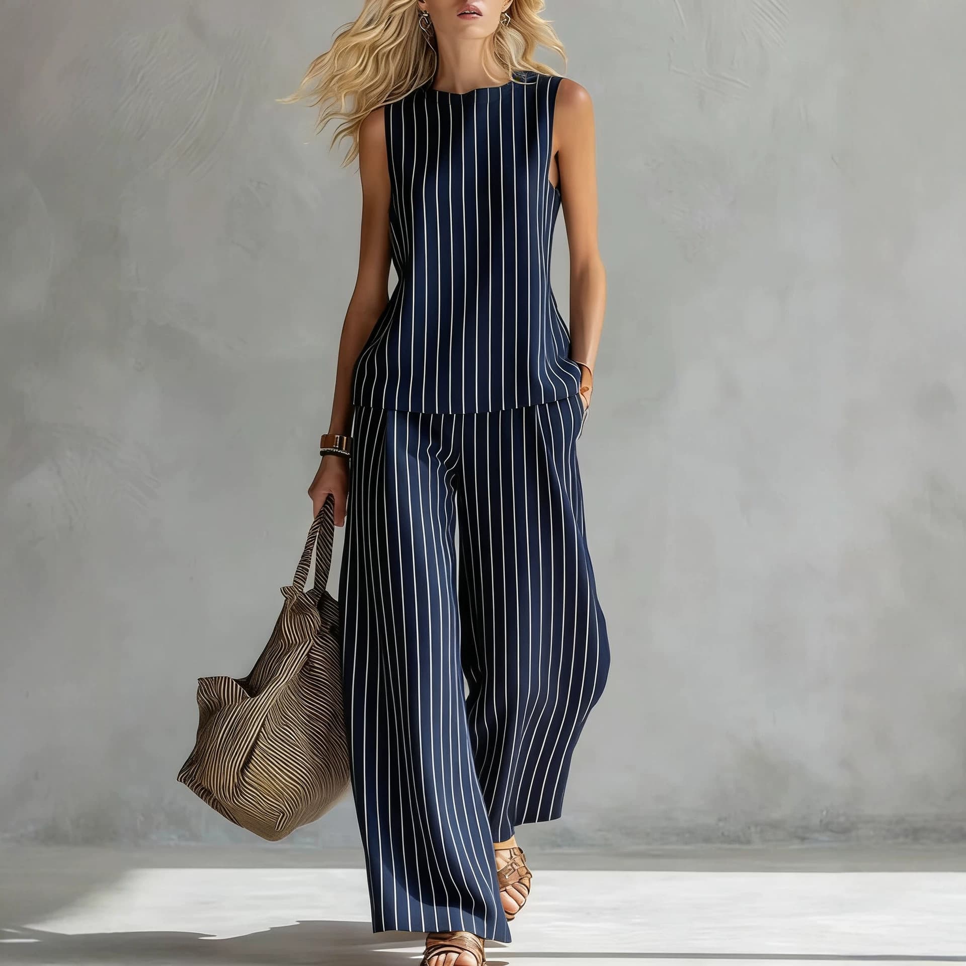 Cross-Border European and American Summer New Sleeveless Printed Set Women's Casual Wide-Leg Pants Two-Piece Linen Set