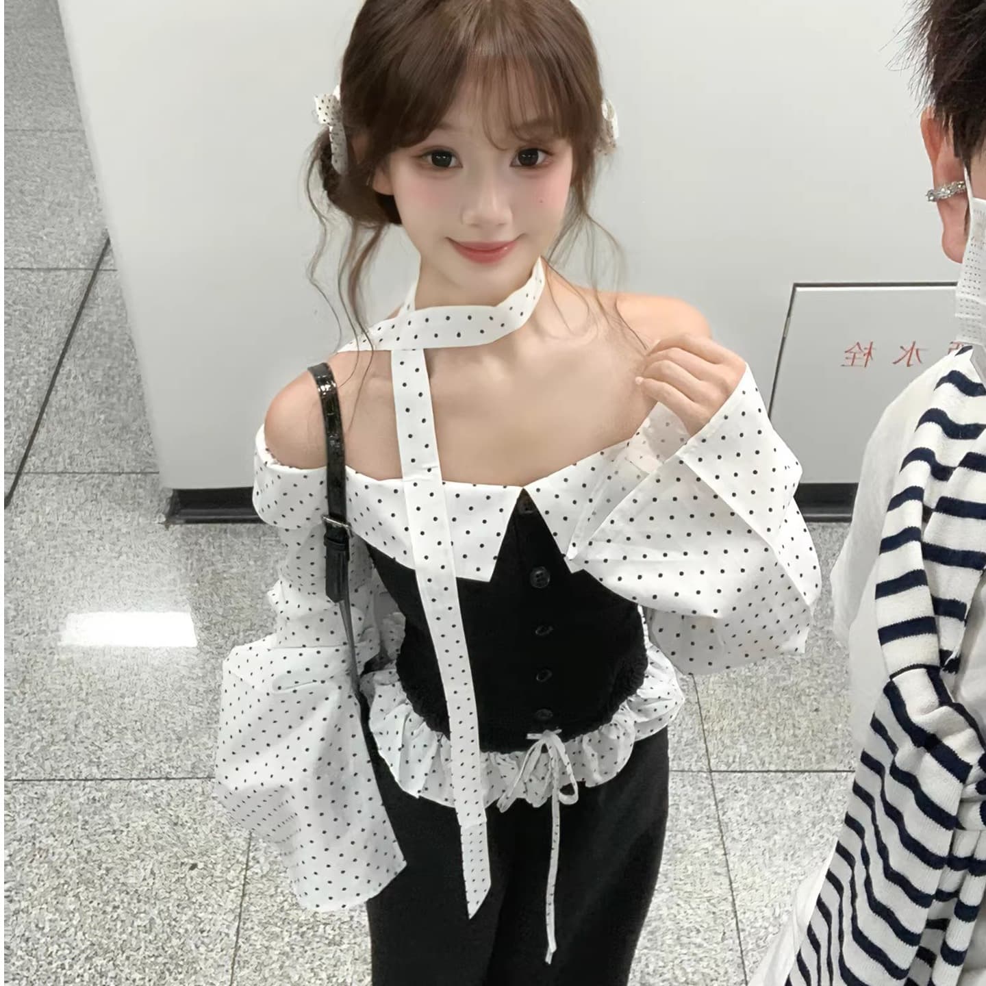 Polka Dot Patchwork Ballet Off-Shoulder Crop Top and Wide-Leg Pants 2026 Spring New Fashion Set for Women