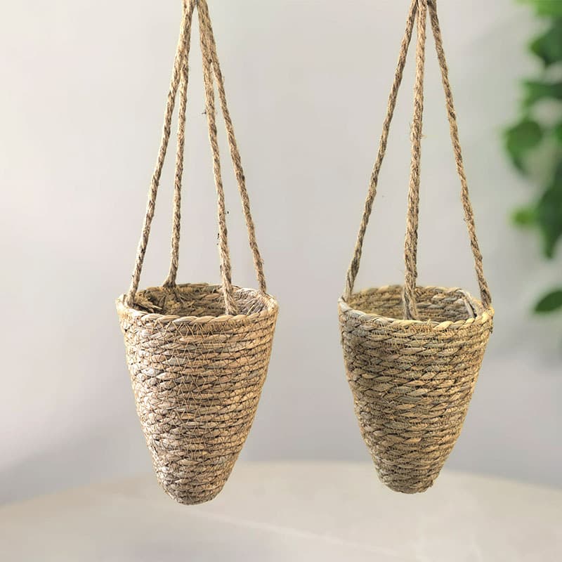 Nordic Style Hanging Woven Rattan Planter for Pothos Plants, Cone-Shaped Wicker Flower Basket for Home Balcony Decoration