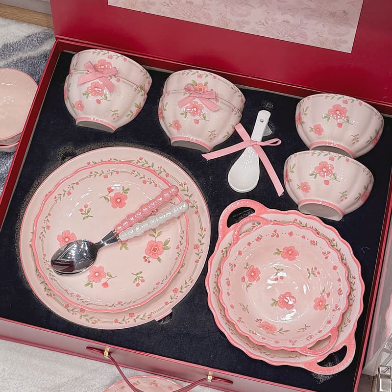 Ceramic bowls and plates tableware set household underglaze color pink red glaze dishes and plates wedding housewarming gift tableware plate