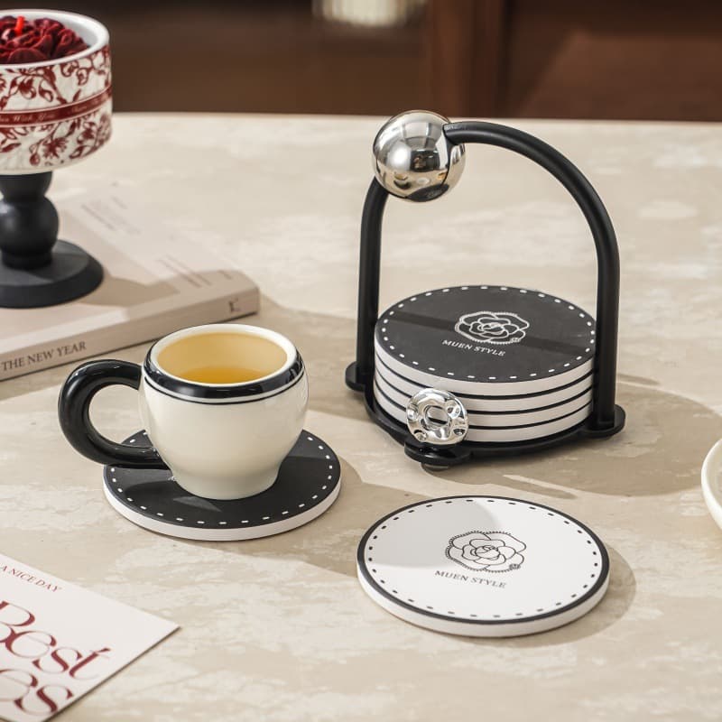 Light Luxury Ceramic Small Black and White Camellia Coaster Multi-Purpose Anti-Scald Heat Insulation Mat Light Luxury Absorbent Placemat Bowl and Plate Wholesale