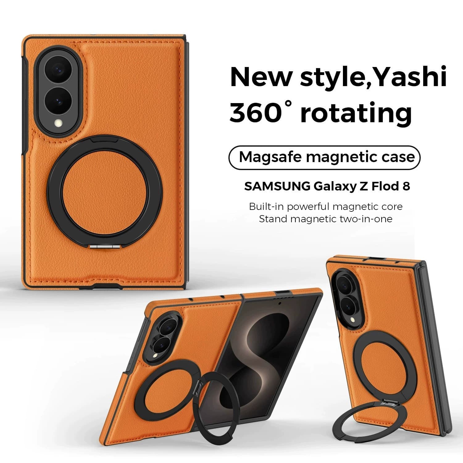 Yashi Leather Magnetic Case for Samsung Z Fold8 Foldable Phone, 360-Degree Rotating Stand, Z Flip7 Protective Cover