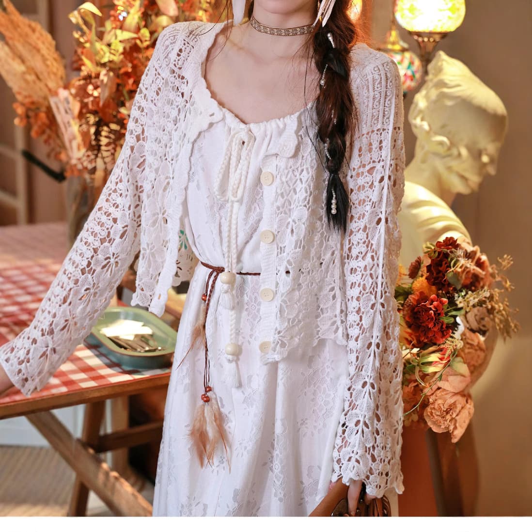 Loose Knit Open-Front Cardigan Short Top Spring Summer Sun Protection Jacket with Skirt Long Sleeve Elegant Outerwear for Women