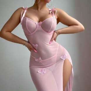 European and American Style Sheer Mesh Lace Butterfly Embroidery Lingerie Sleepwear Women's Slip Long Dress Sexy Pure Desire Style Summer New