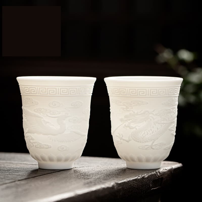 White Porcelain Kung Fu Tea Set Tea Tasting Cup Master Single Cup Household Dragon and Phoenix Luminous Jade Large Capacity Single Ceramic Tea Cup
