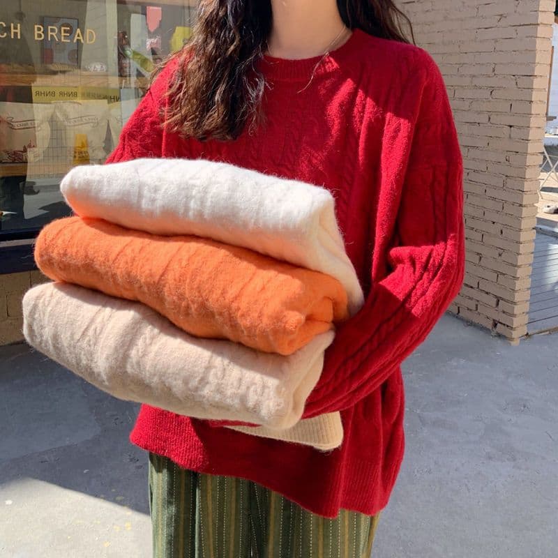 Women's Knit Sweater Long-Sleeve Cable Pullover, New Autumn/Winter Loose Lazy Korean Style for Winter