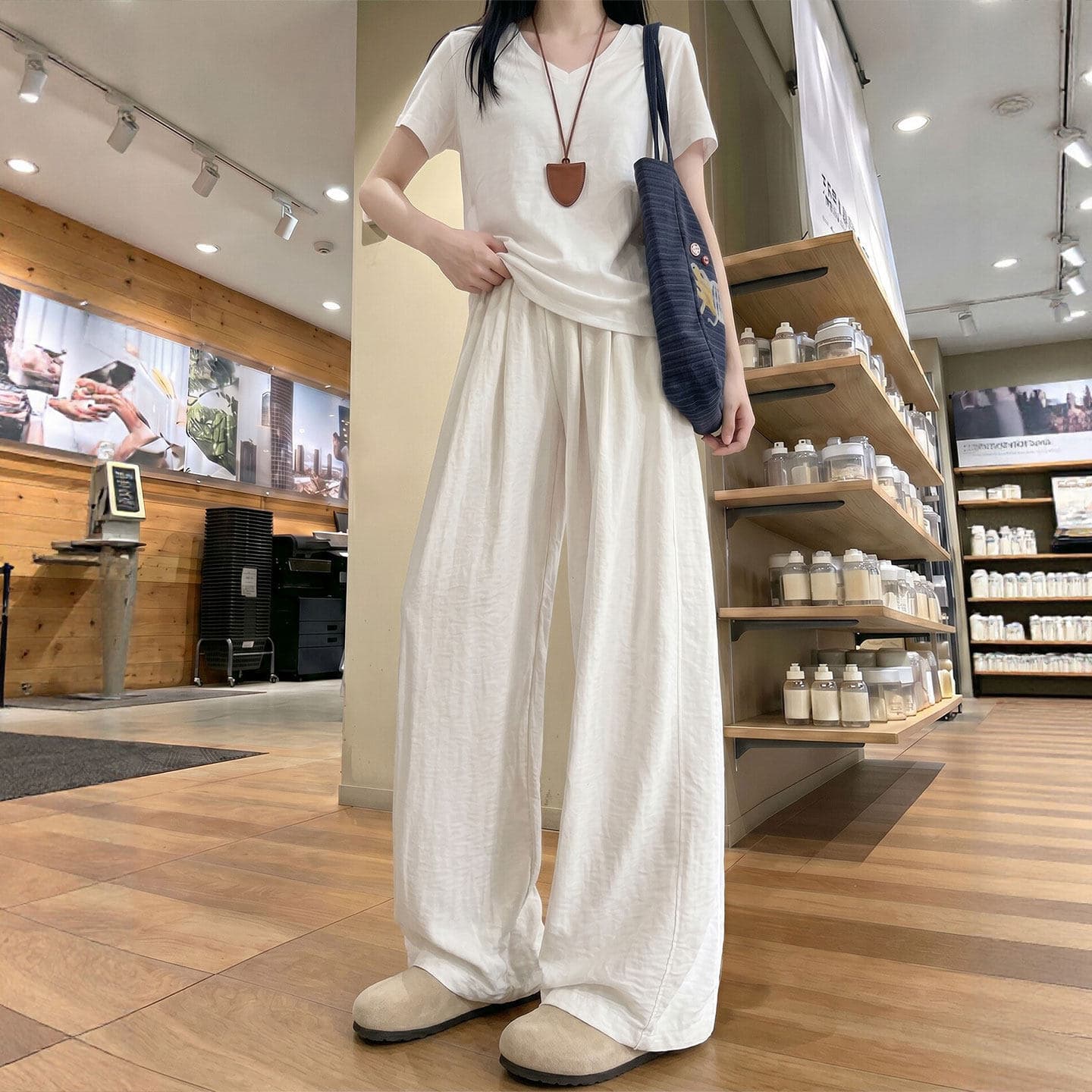 White Creamy Mountain Pants Women's Summer Thin Loose Casual Straight Leg Pants Petite Ice Silk Wide Leg Pants