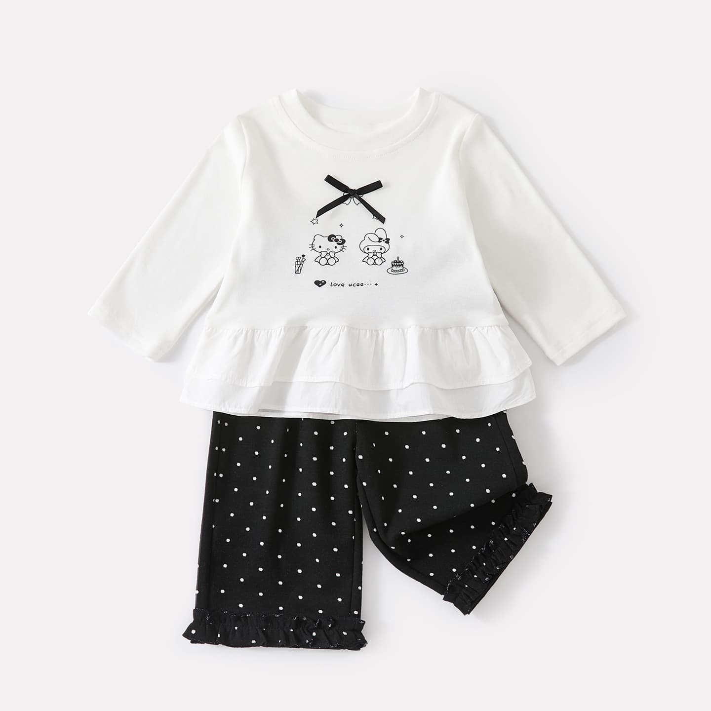 Infants and toddlers autumn new Korean cartoon printed long-sleeved T-shirt baby polka dot ear-trimmed straight pants two-piece set