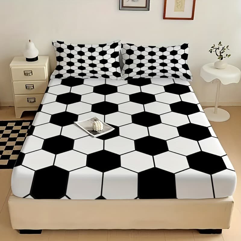Cross-Border Fitted Sheet 3-Piece Set, Black and White Minimalist Geometric Soccer Pattern Bedding Set for Adults and Children