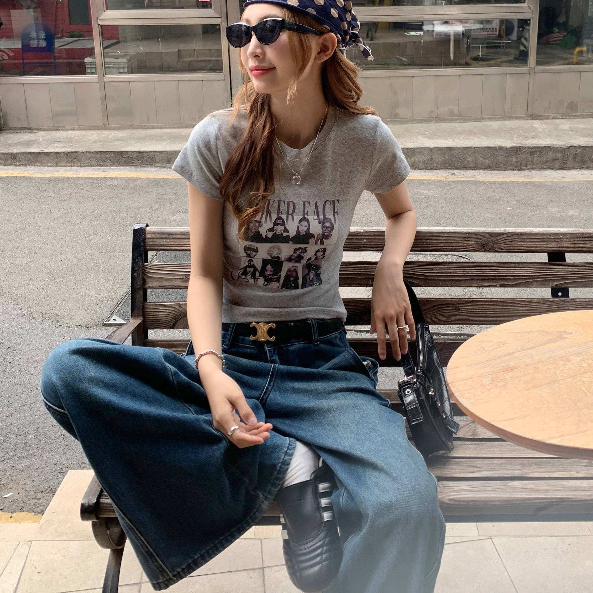 Gray Printed Cropped Short-Sleeve T-Shirt for Women, 2026 Summer New Arrival, American Style Fitted Slimming Top
