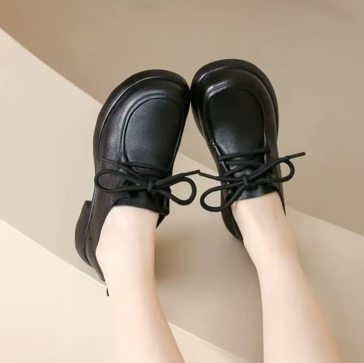 2024 Autumn New Chunky Heel Soft Sole Washed Soft Cowhide Retro Style Women's Lace-Up Oxford Shoes Chunky Heel Flats