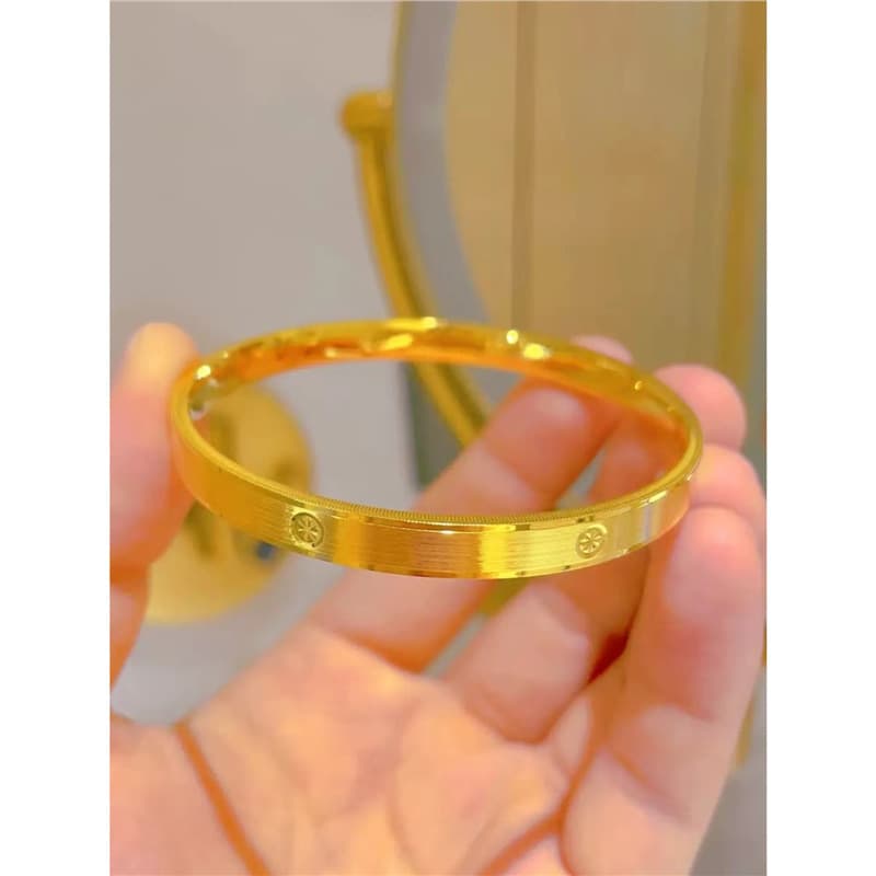 Plain Circle Rice Character Bracelet for Women, 999 Simulated Gold Color Long-Lasting Shine, Highlighted Smooth Surface with Rice Pattern for Luck