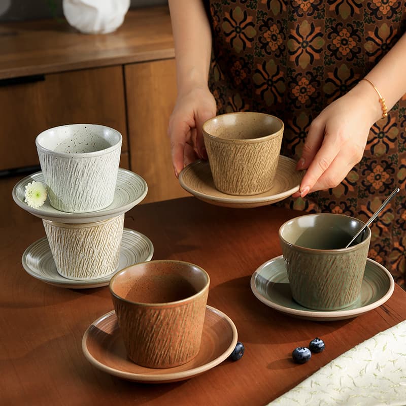Retro Stone Grain Cup Ins High Appearance Coffee Cup and Saucer Set Ceramic Cup Afternoon Tea Latte Art Latte Cappuccino