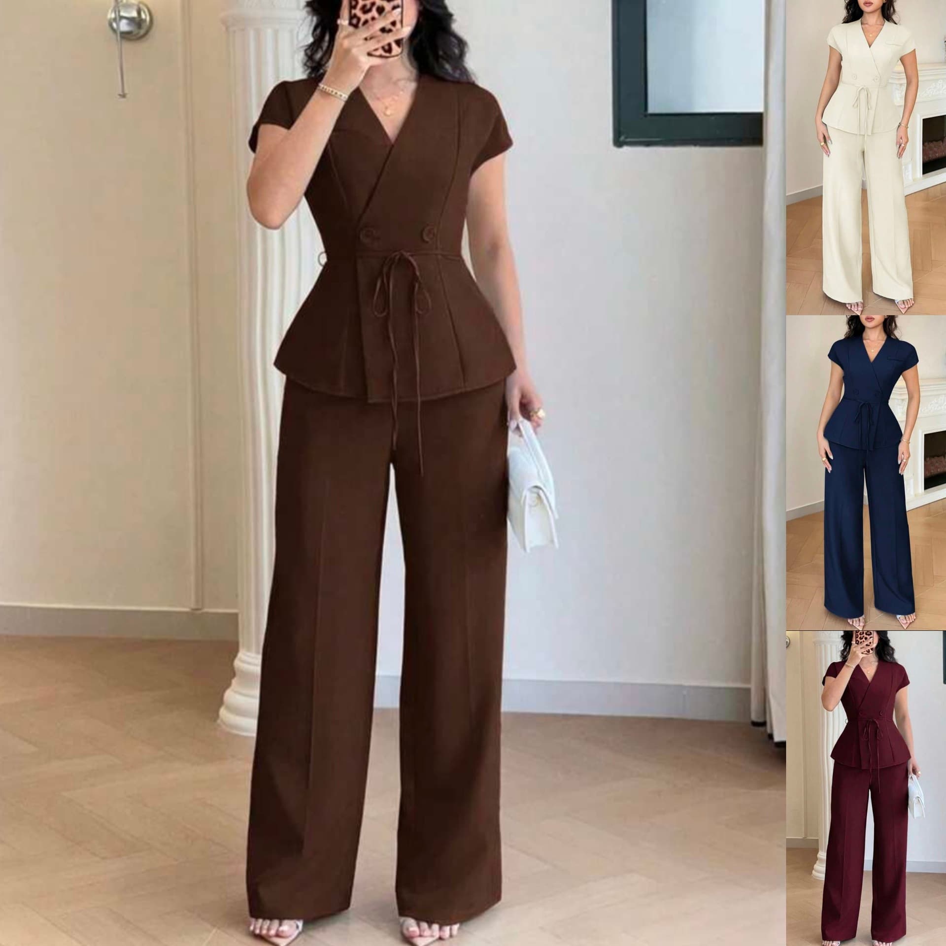 European and American Amazon Cross-border New Women's Casual Tie Button Vest and Long Pants Two-Piece Set