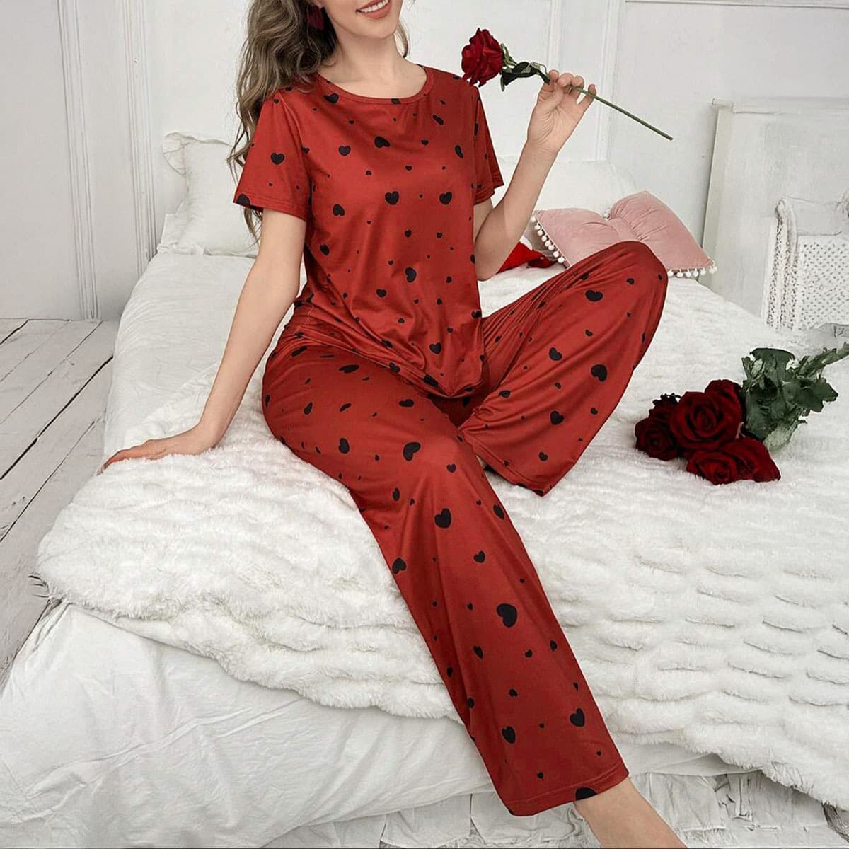 Women's Fashion Heart Print Pajama Set for Cross-Border Trade to Europe and America - Comfortable Long-Sleeve Top and Pants Loungewear