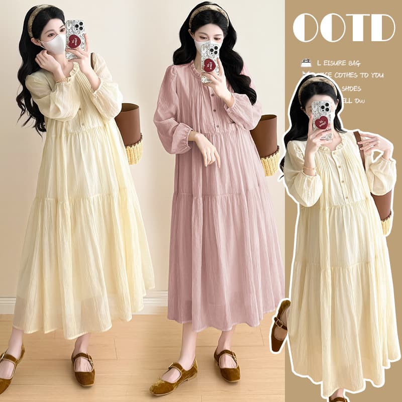 Actual photo~ Maternity dress 2025 autumn new style lace collar long sleeve gathered elegant mid-long maternity dress
