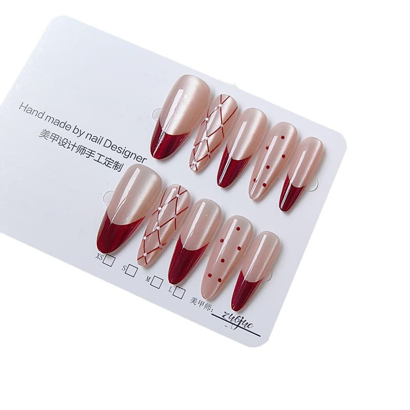 Tartan French Wine Red Cat Eye Press-On Nails Long Stiletto Fake Nails High-End Versatile Nail Art Stickers