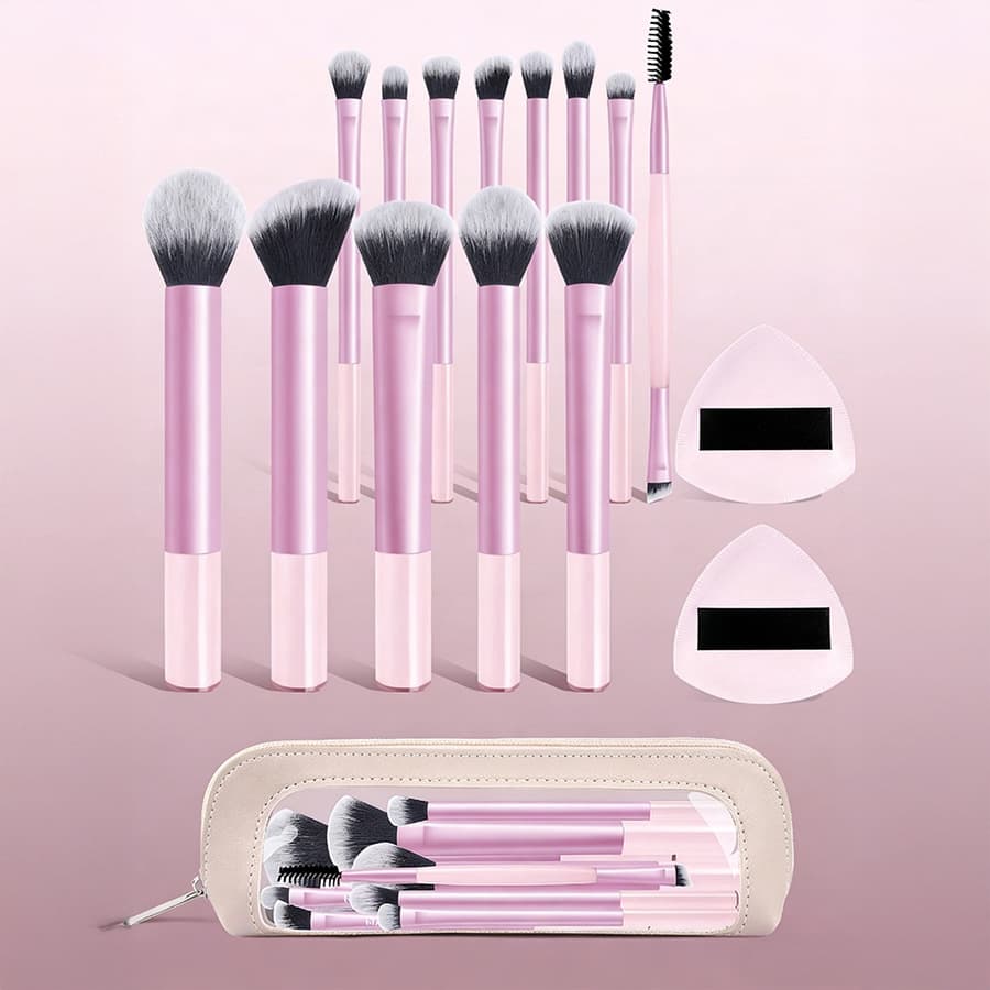 16 sets of makeup brushes, 13 sets of makeup brushes, 1 set of makeup bags, 2 sets of makeup sponges, foundation brushes, and powder brushes