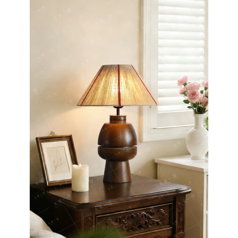 Wabi-Sabi Vintage Solid Wood Table Lamp, Song Dynasty Aesthetics Bedroom Study Bedside Lamp, Ambience French Woven Lighting