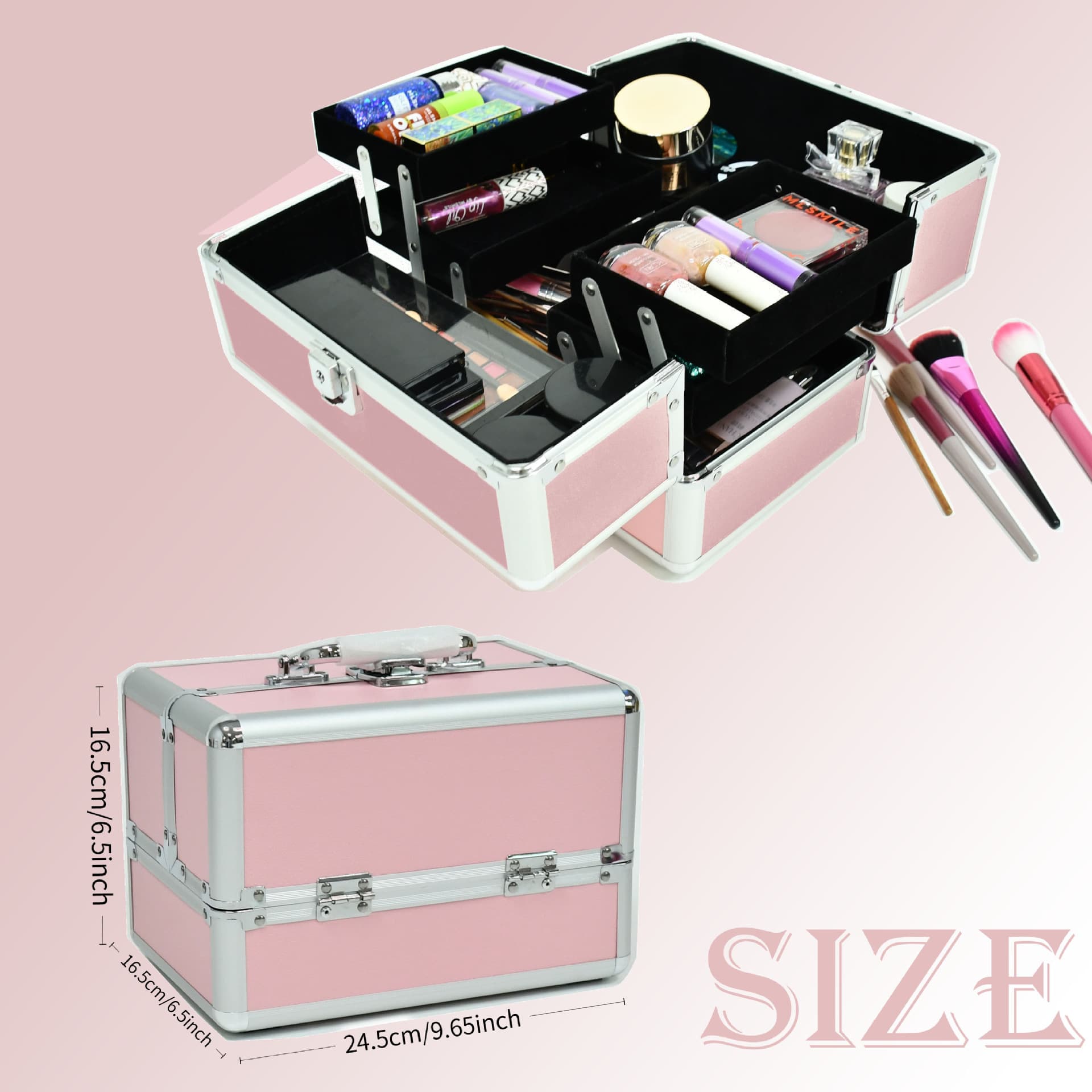 Large Capacity Double-Open Makeup Case, Premium Fashion Professional Aluminum Case, Silver Stripe Classic Makeup Tool Box, Flight Case