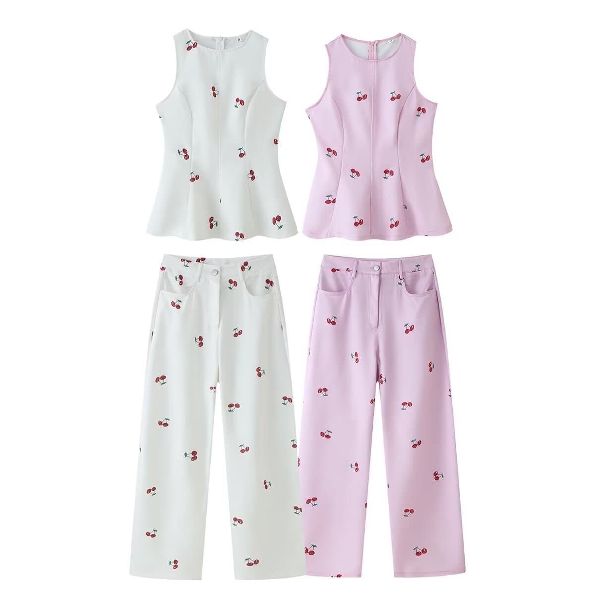 PB&ZA Women's 2026 Summer New Arrival Two-Color Print Commuter Style Round Neck Sleeveless Top with Curved Leg Pants Set