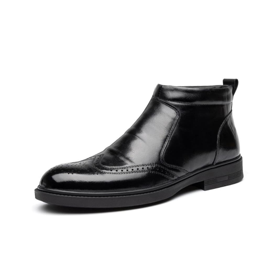 2023 Winter Fleece-Lined Genuine Leather Men's Mid-Top Casual Brogue Pattern Leather Shoes Business Versatile Slip-on Leather Boots