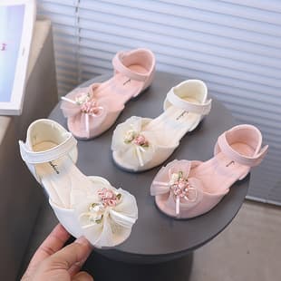 Girls Mesh Flower Sandals Summer Soft Sole Non-Slip Rhinestone Princess Style Baby Walking Shoes Fish Mouth Sandals