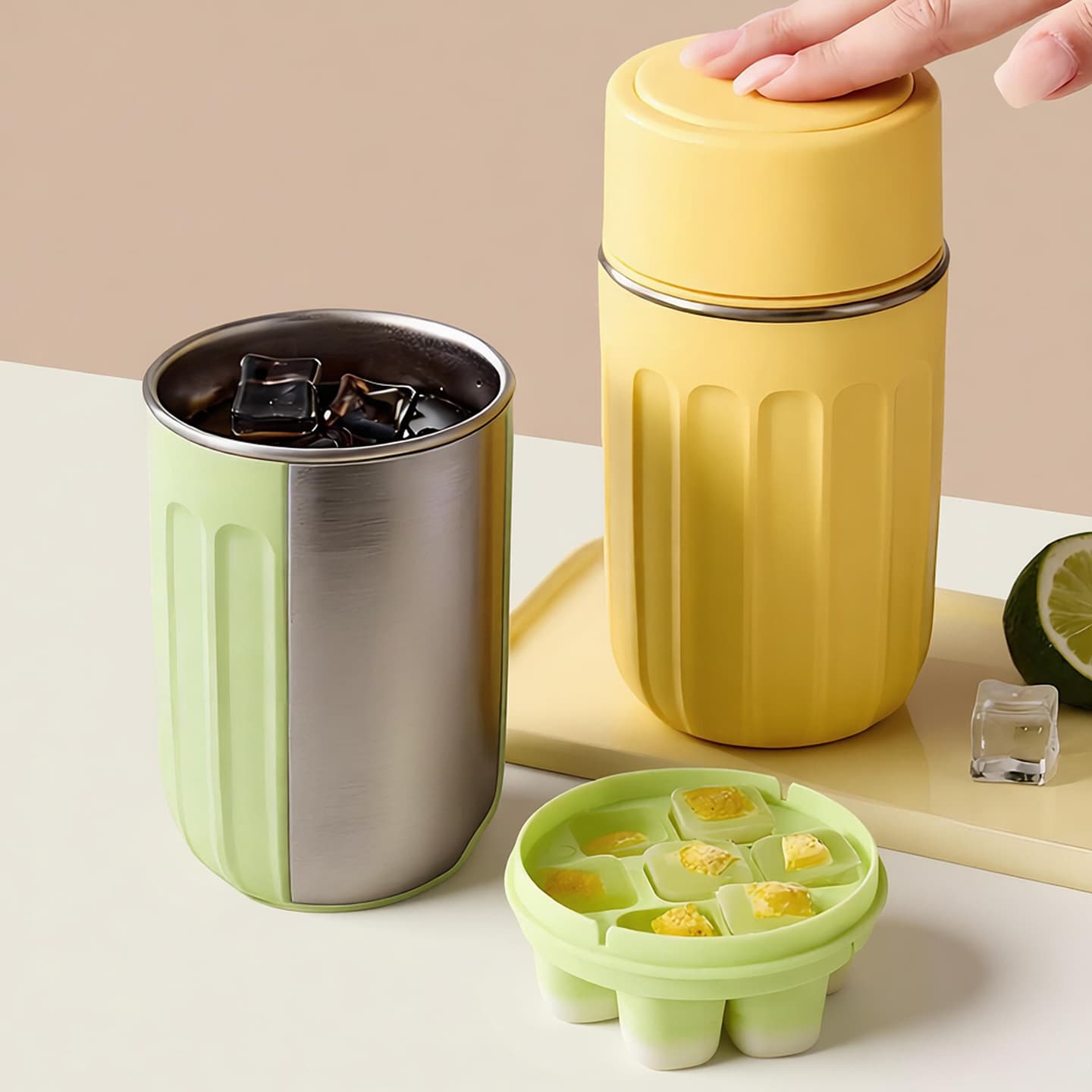 Ice Tray and Ice Cup Two-In-One Portable Cup for Office Workers, Refrigerator-Cold, One-Touch Ice Removal, Coffee and Cold Drink Cup