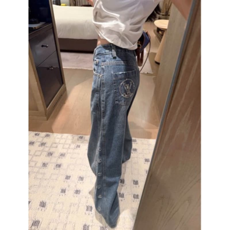 Nanyou Heavy Craft Circle Sequins Washed Blue Jeans Women New Spring/Autumn High Waist Wide Leg Jeans Ma Hu Jia