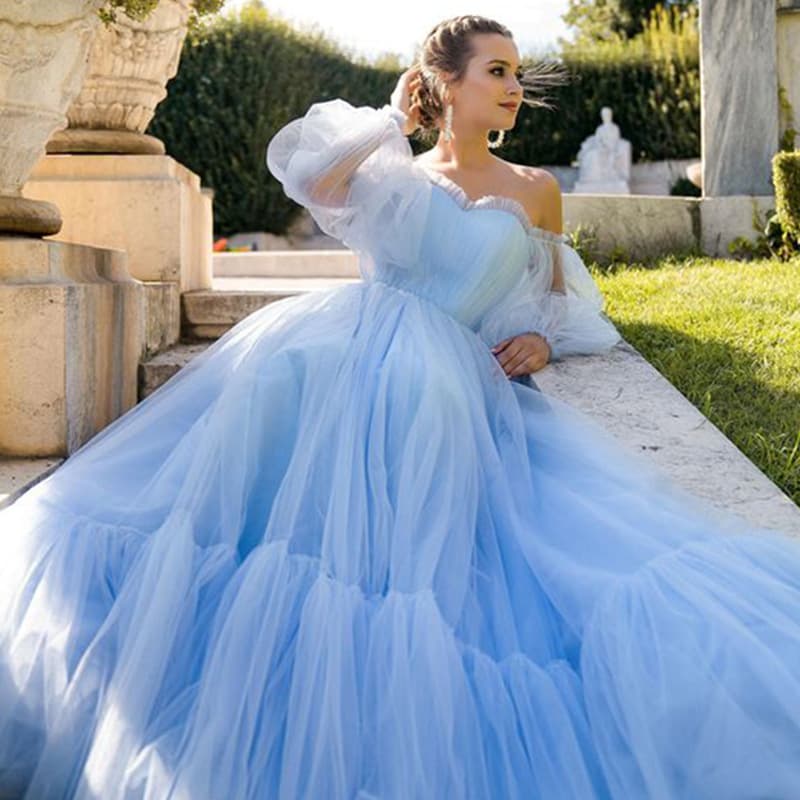 Elegant European Style Long Sleeve One Shoulder Dress Sexy Tulle Skirt Wedding Dress High Waist Puffy Skirt Backless Gown