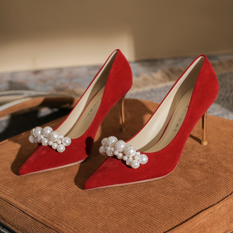 8820 Pointed Toe High Heels Women's Thin Heel 2025 New Pearl Shallow Mouth Single Shoes Show He Dress Red Bride Wedding Shoes