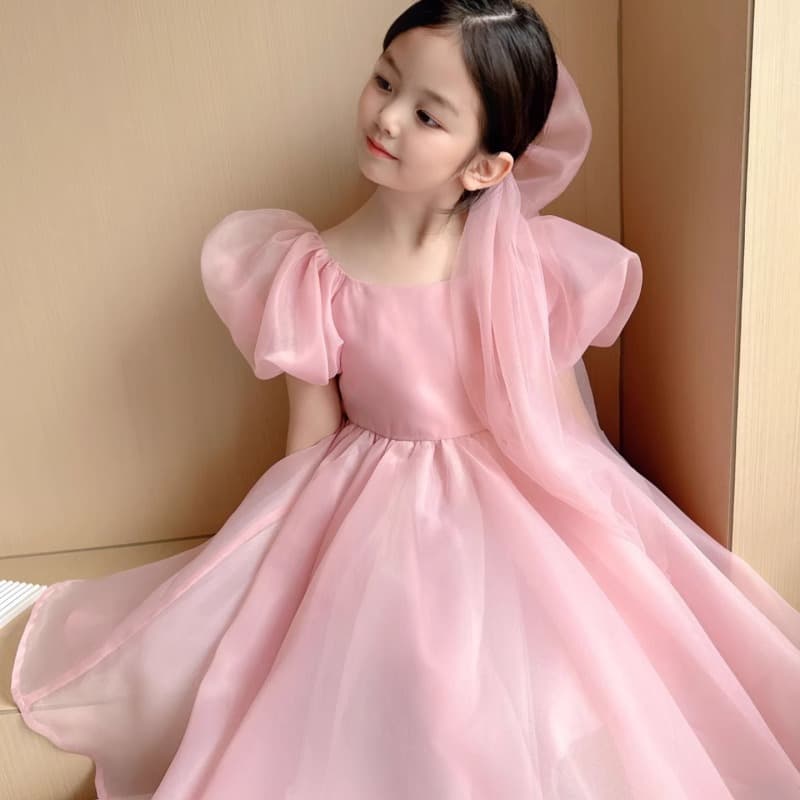 Girls Dress 2026 Summer Children's Large Hem Princess Dress Little Girl Puff Sleeve Pink Birthday Dress