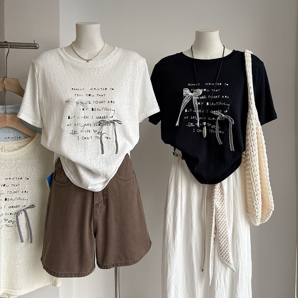 [Bizheng] 2026 summer new product Korean style round neck letter print bow short-sleeved T-shirt for women 6302