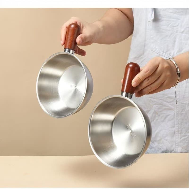 Cross-Border Stainless Steel Small Milk Pot, Walnut Handle, Single Serving Pot, Instant Noodle Pot, Salad Mixing and Egg Beating Bowl, Hot Oil Pot