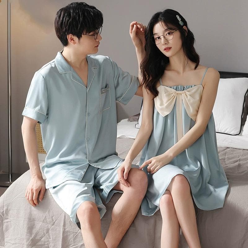 New Couple Pajamas Summer Thin Ice Silk Short Sleeve One Man One Woman Sleep Dress Slip Sexy Homewear Set