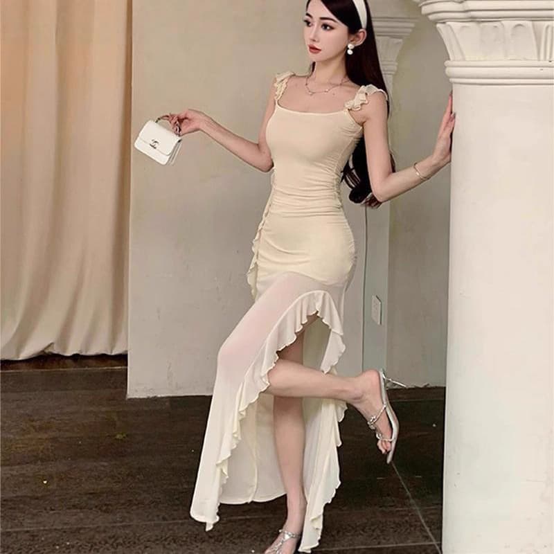 Slit Camisole Dress for Women, Summer Sweet and Sexy Small Flutter Sleeve, Pure Alluring Waist-cinching Mesh Dress, Irregular Maxi Dress