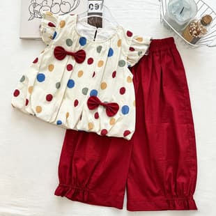 Girls' Summer Thin Polka Dot Butterfly Bud Pants Set 2026 New Flying Sleeve Polka Dot Top Set