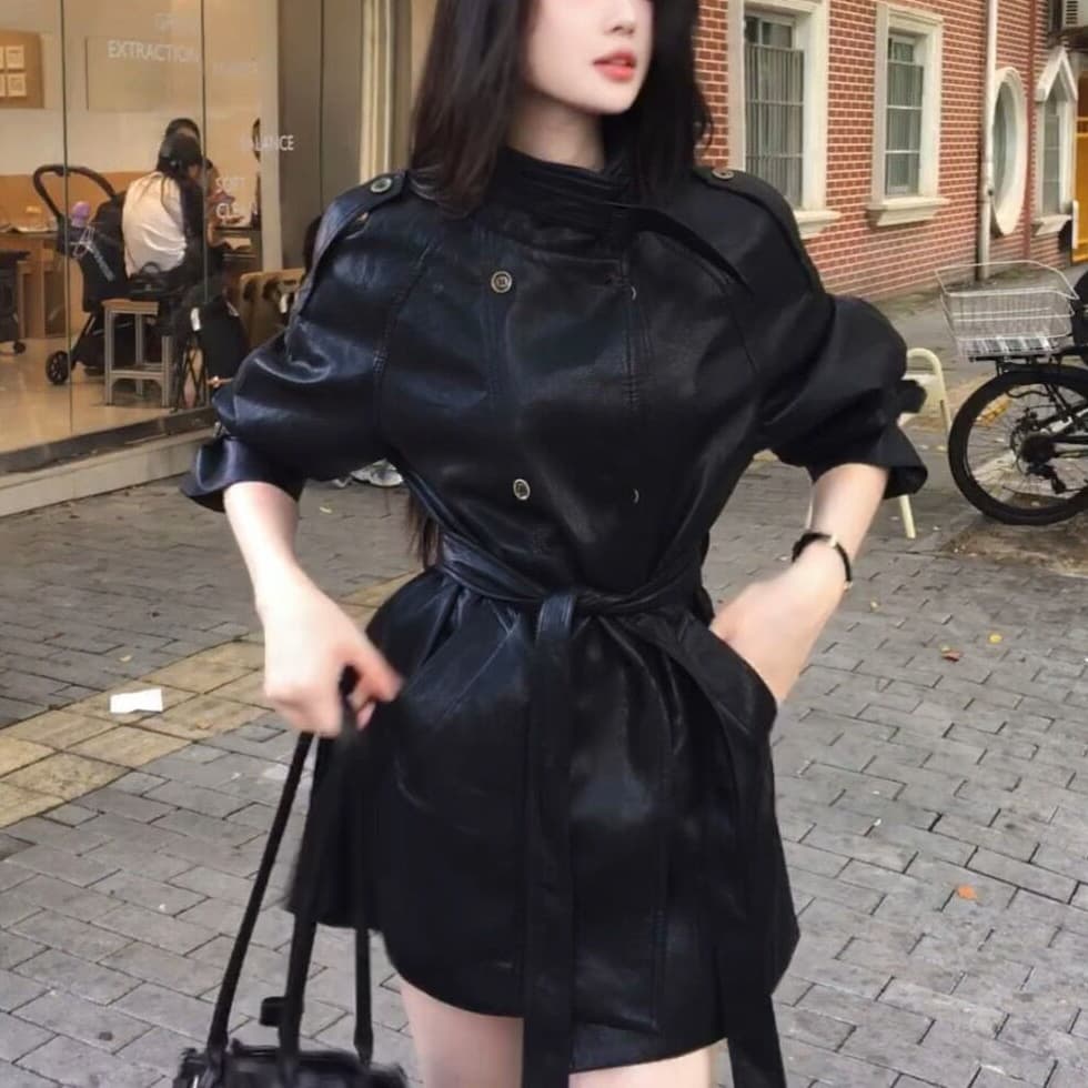 Black Leather Jacket for Women, Mid-Length Autumn Korean Style Fashionable Stand-Up Collar Leather Jacket with Belt, Windbreaker Pu Leather Jacket