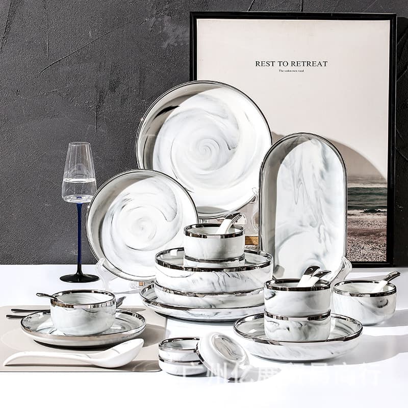 Nordic Style Ceramic Steak Plate Marble Silver Edge Home Use Dinnerware Set Fish Dish Round Shape Microwave Safe Luxury Style