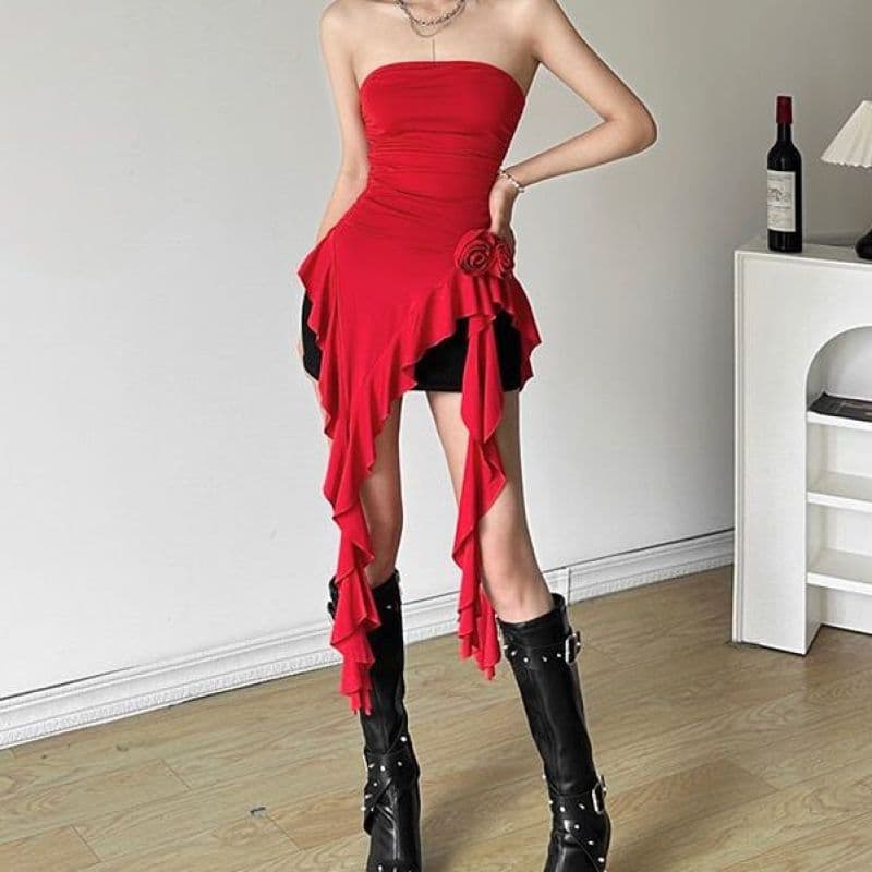 Floral Ruffle Hem Spliced Corset Top for Women, Pleated Slimming Irregular Design, Southeast Asian Trendy Top for Cross-Border Wholesale