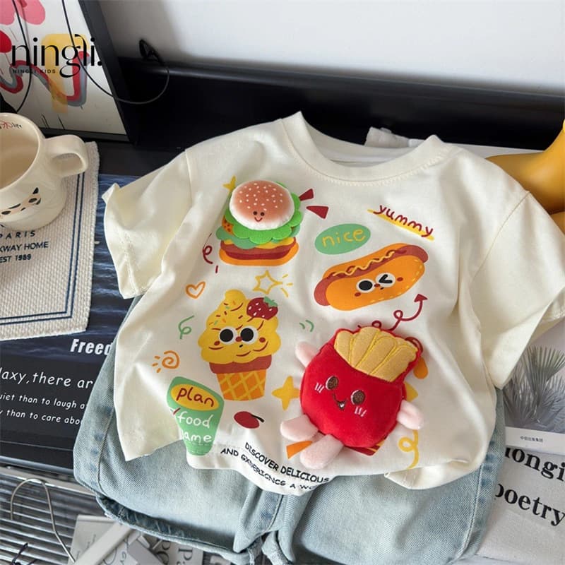Ningli 3D Doll Kids Short-Sleeve T-Shirt Summer New Loose Korean Style Cartoon Top Stylish Base Layer Trendy Tee