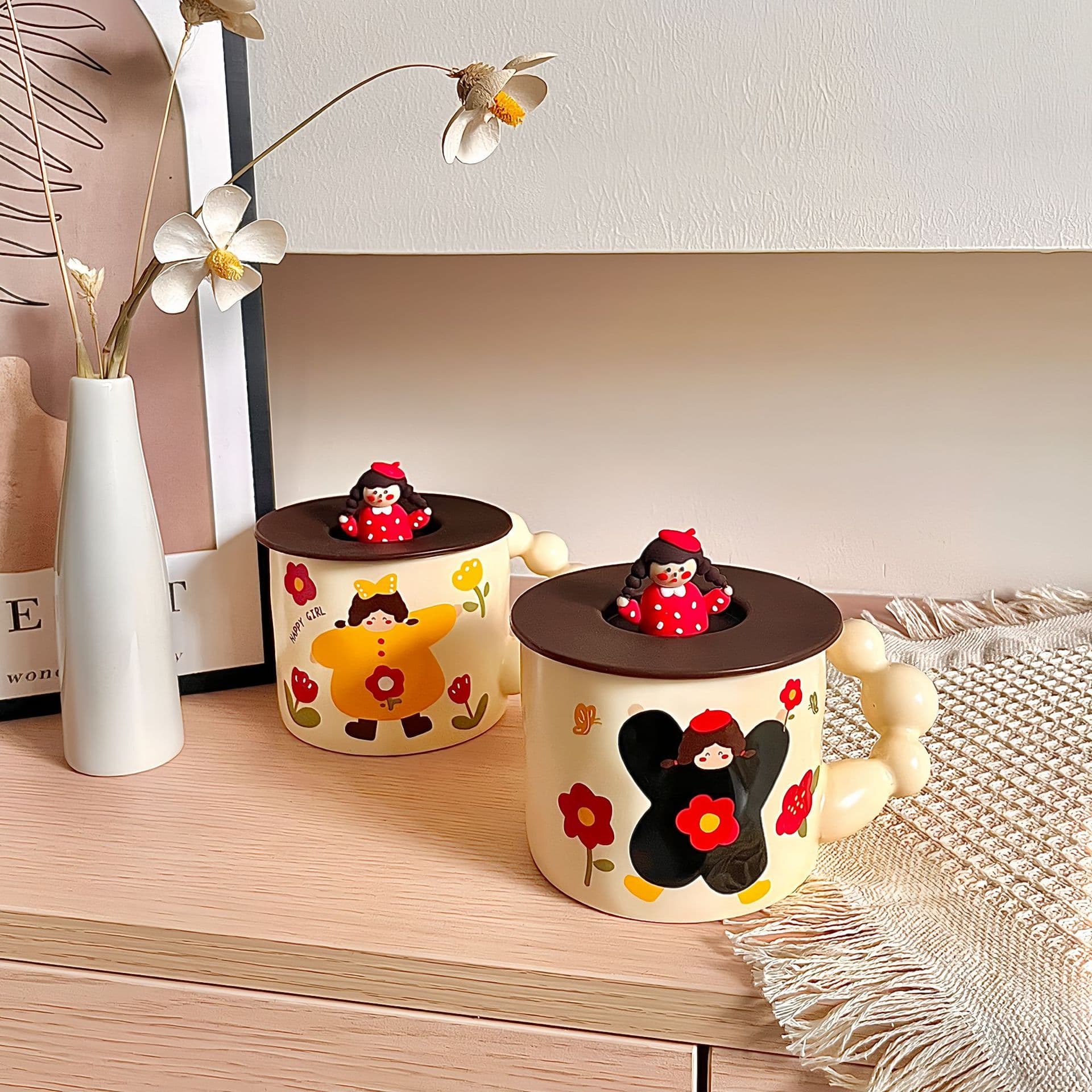 Retro boys and girls gift water cup ceramic cup with lid mug souvenir breakfast cup coffee cup