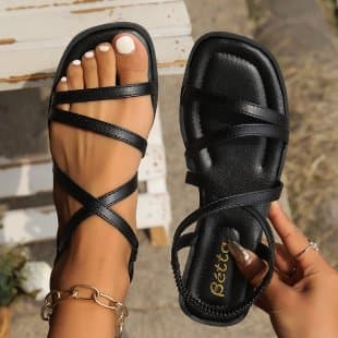 European and American Fashion Roman Low Heel Cross-Strap Flat Sandals for Women, Elastic Square Toe Beach Sandals