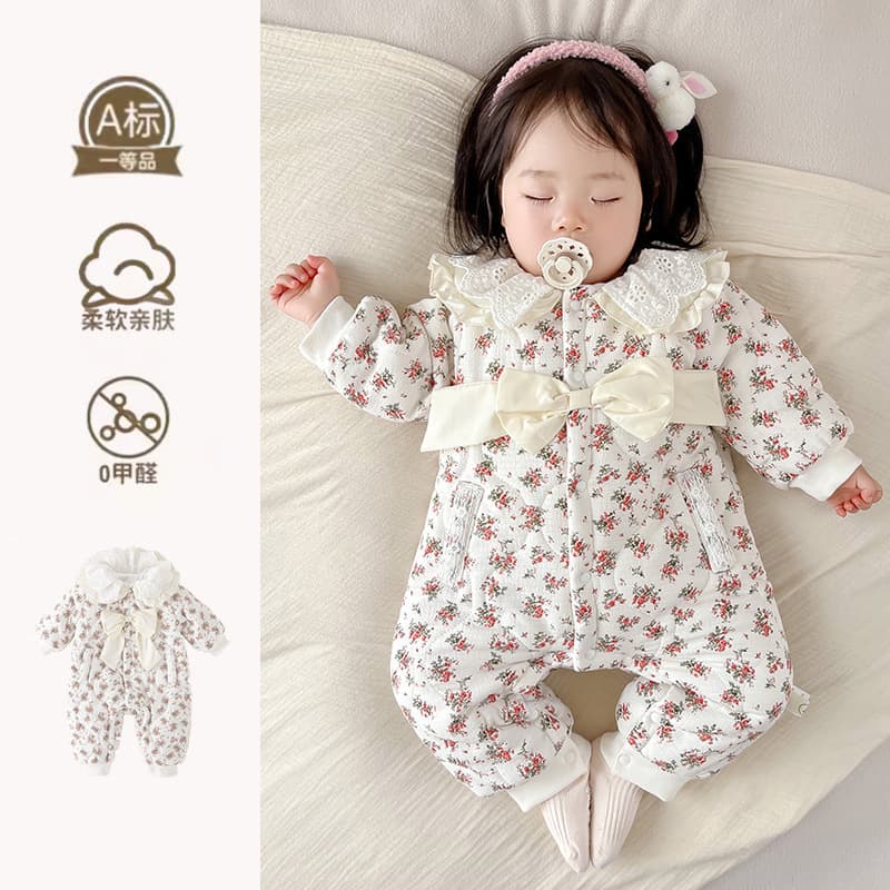 Yuyue Newborn Baby Autumn and Winter Clothes Romper for Girls, Late Autumn Bodysuit, Early Winter Outing Jumpsuit, Crawling Suit