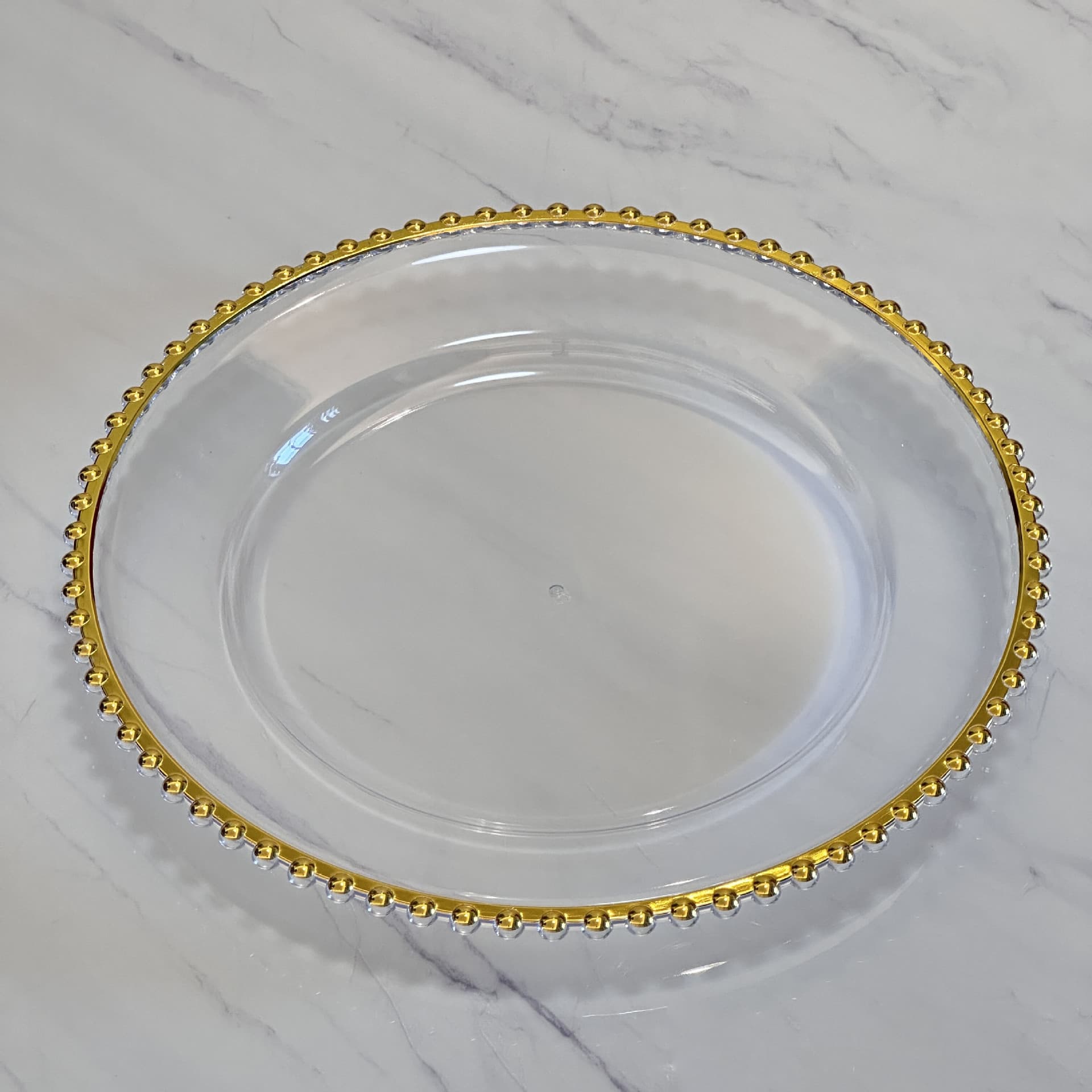 Charger plate with beads, hotel banquet underplate, plastic fruit and decorative plate from source manufacturer