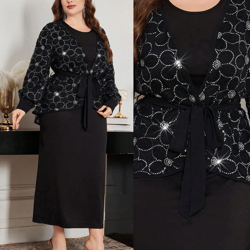 Plus Size New Round Neck Long Sleeve Dress Sexy Slim Fit Bodycon Slender Long Skirt Women's Dress Cardigan Two-Piece Set